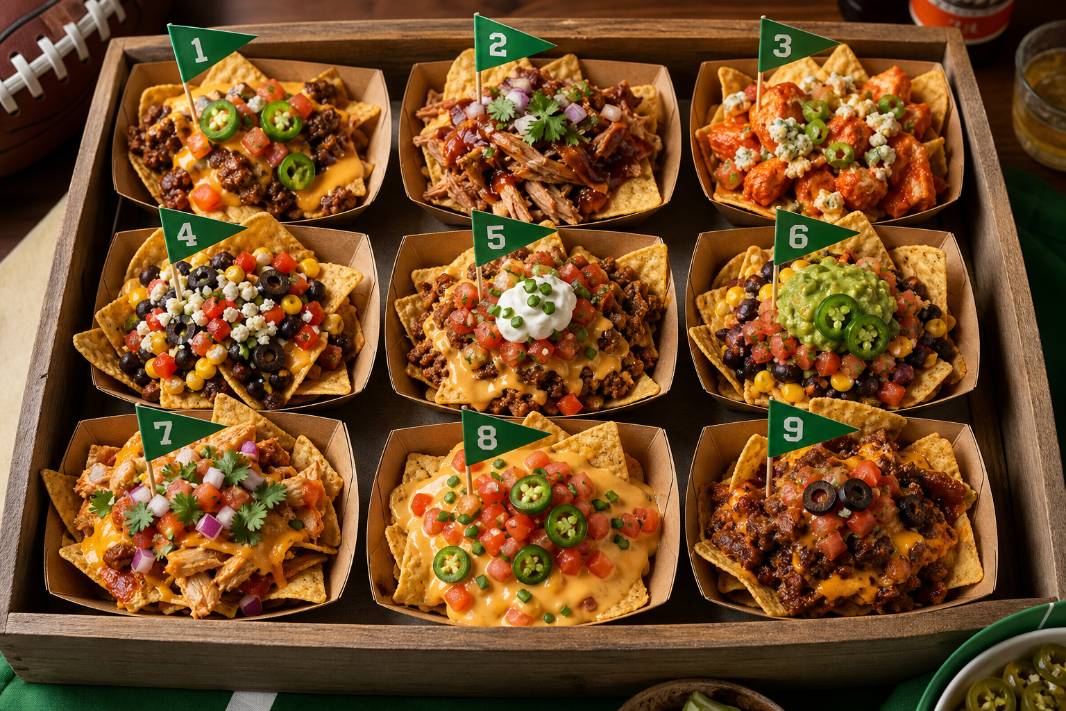 Overhead stadium nacho boats grid with five variations beef BBQ chicken vegetarian and queso with numbered flags