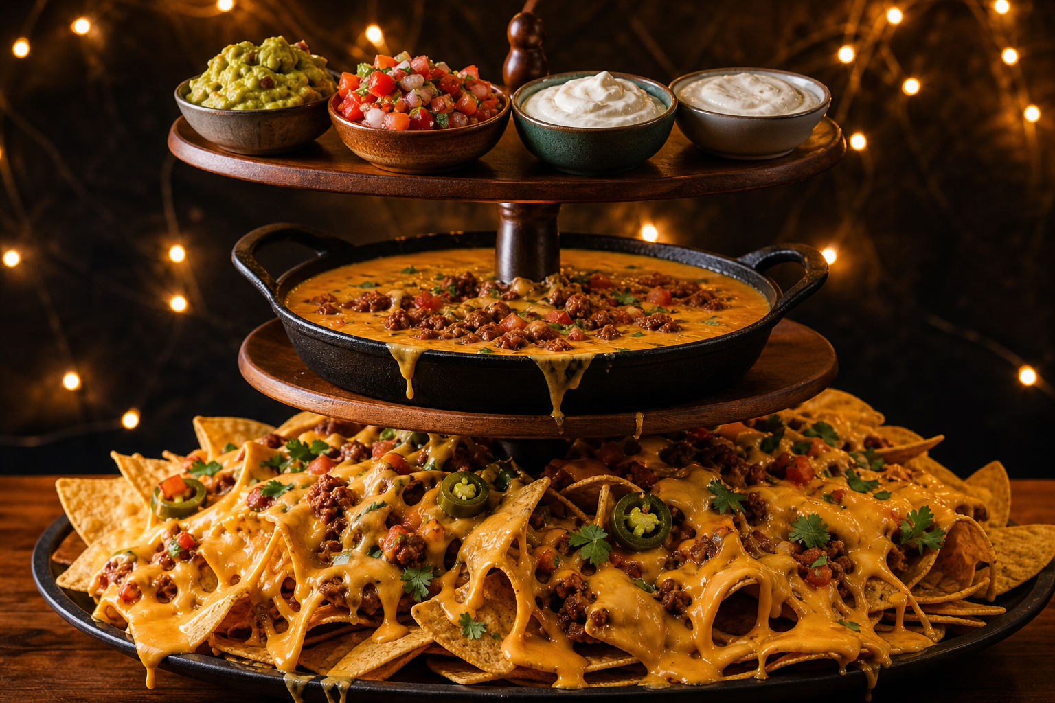 Side view elevated three-tier nacho tower display with queso skillet melted cheese and garnish bowls under string lights