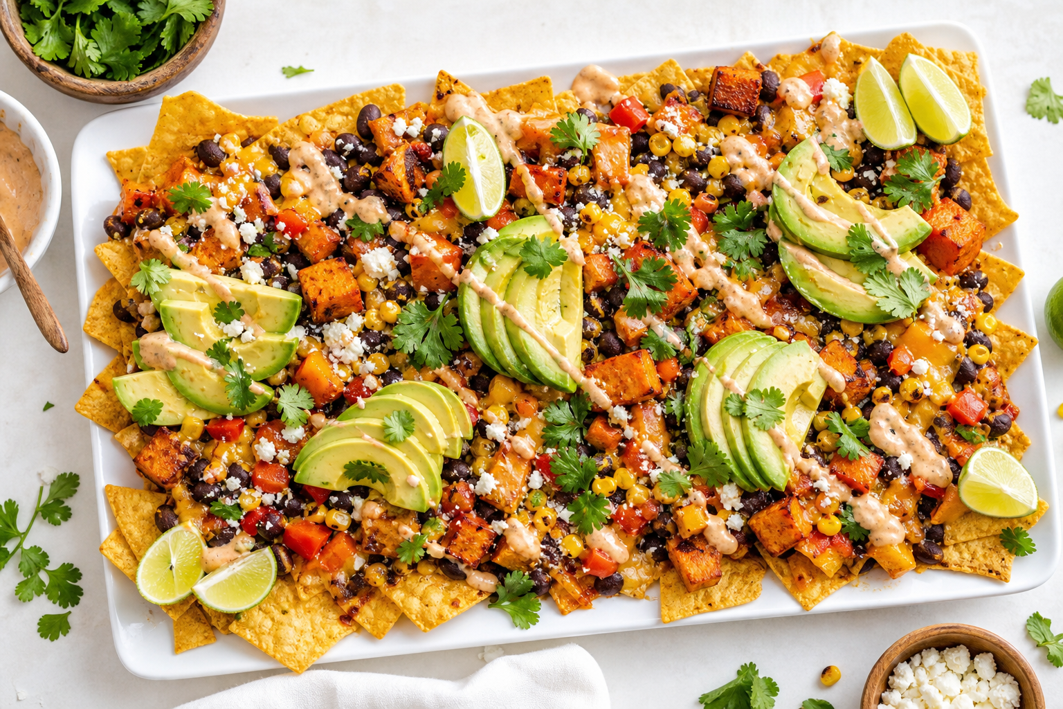 Overhead vegetarian nachos with black beans roasted sweet potato avocado charred corn and chipotle crema