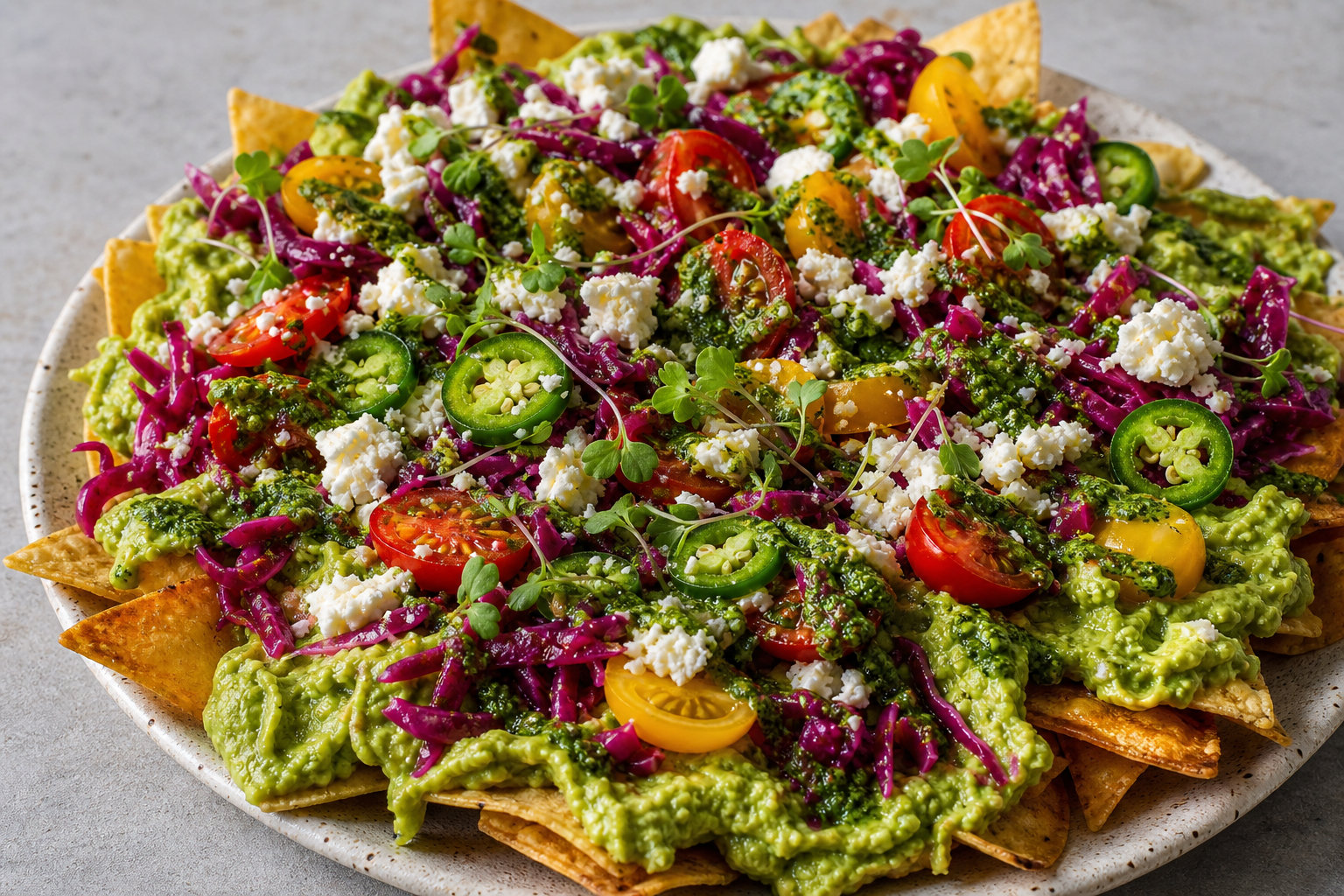 Close-up vegetarian nachos with smashed avocado pickled slaw cherry tomatoes herb sauce and feta