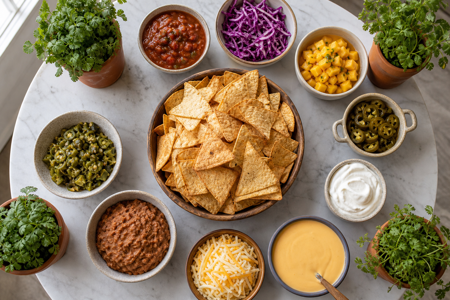 Wide overhead vegetarian nacho bar on marble table with roasted chiles beans salsa mango and cheese