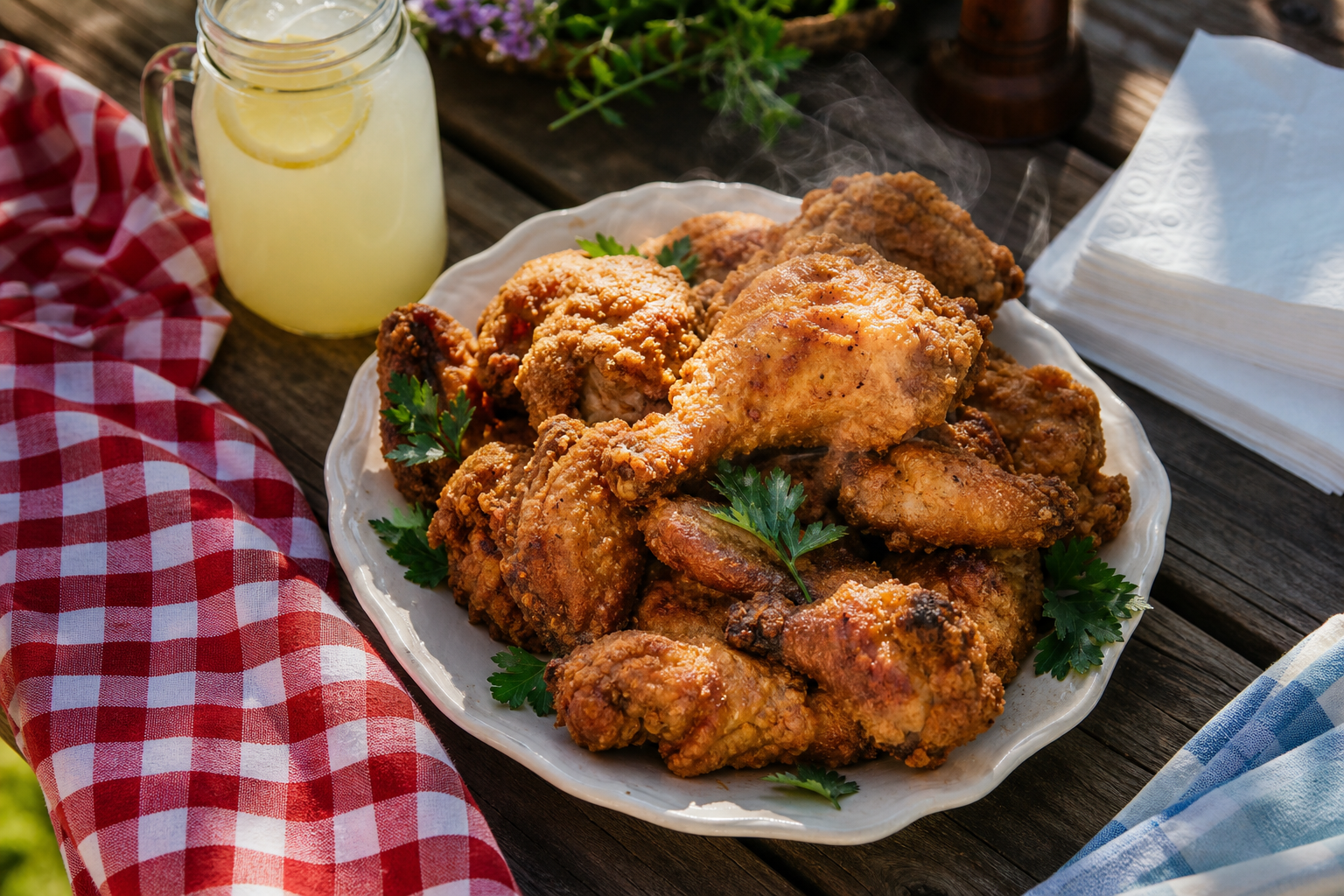 15 Outdoor Picnic Food Ideas 17 Golden fried chicken on a red checkered picnic cloth outdoors in afternoon sunlight