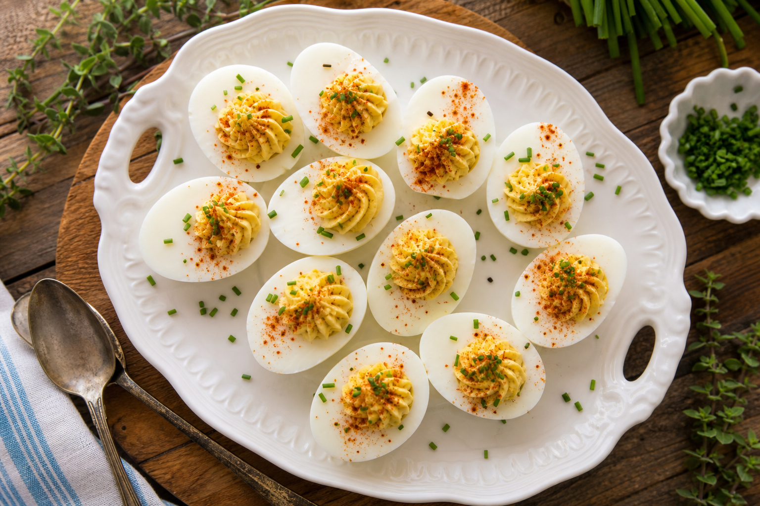 15 Outdoor Picnic Food Ideas 18 Platter of deviled eggs topped with paprika and chives on a wooden picnic board
