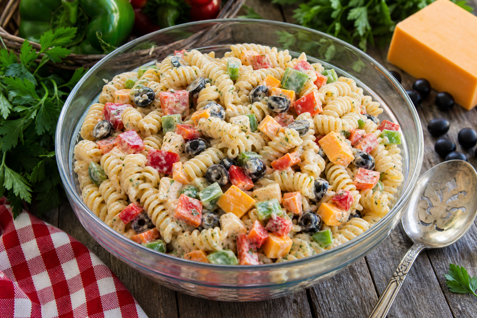15 Outdoor Picnic Food Ideas 19 Bowl of classic pasta salad with colorful vegetables and cheese on a picnic table