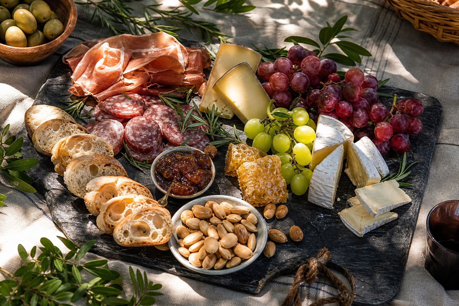 15 Outdoor Picnic Food Ideas 29 Elegant charcuterie board with cured meats, cheese, fruit, and honey outdoors on linen