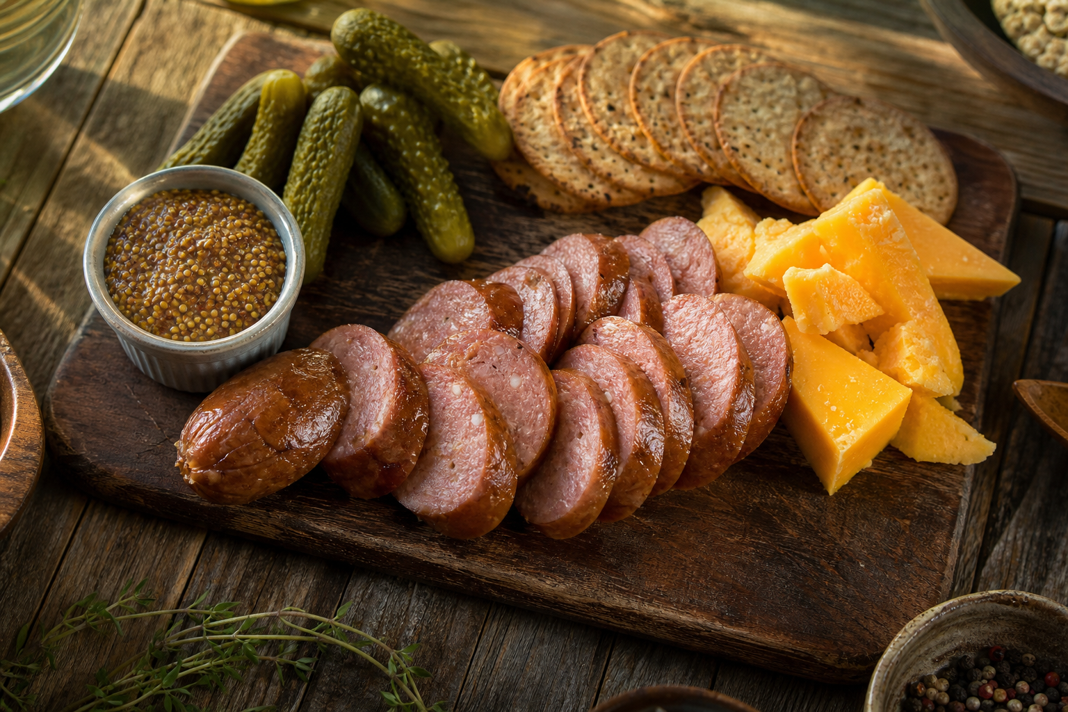 15 Outdoor Picnic Food Ideas 31 Sliced smoked sausage with whole-grain mustard, cornichons, and sharp cheddar outdoors