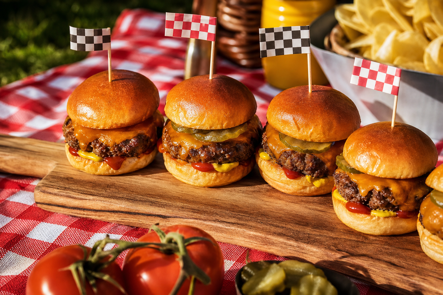 15 Outdoor Picnic Food Ideas 26 Mini beef sliders on brioche buns with cheddar and pickles on a picnic board