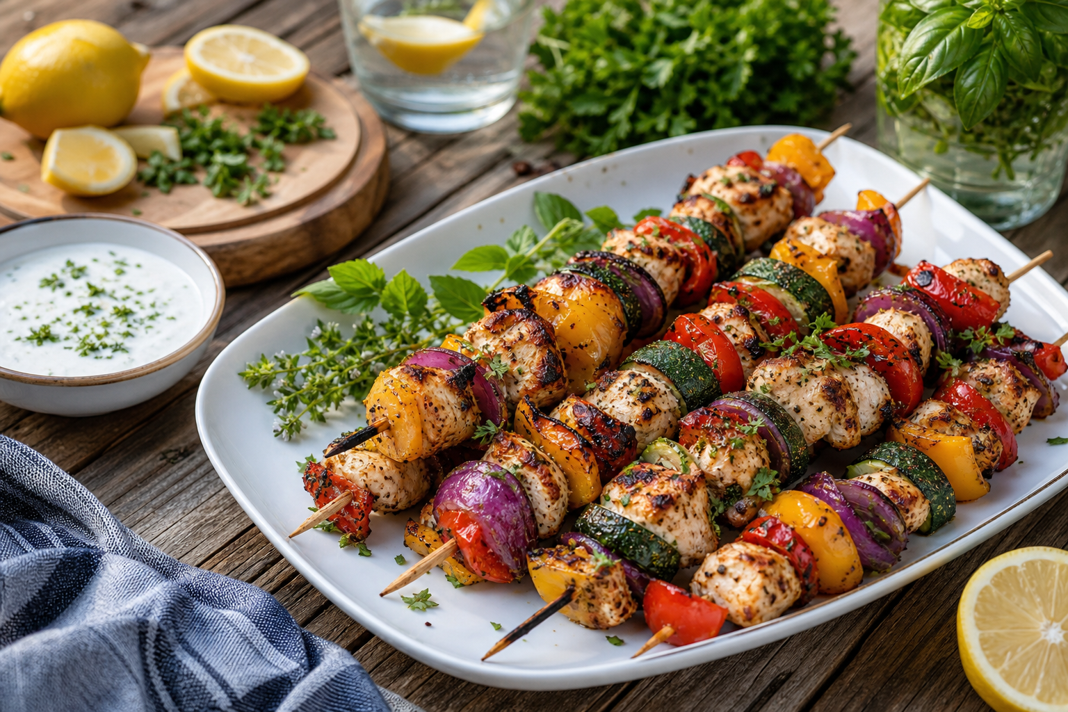 15 Outdoor Picnic Food Ideas 27 Grilled chicken and vegetable skewers on a white platter with dipping sauce outdoors