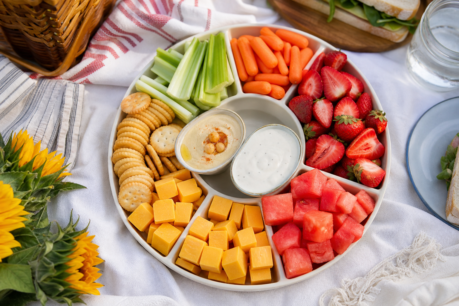 15 Outdoor Picnic Food Ideas 28 Divided snack platter with vegetables, fruit, cheese, crackers, and dipping sauces outdoors