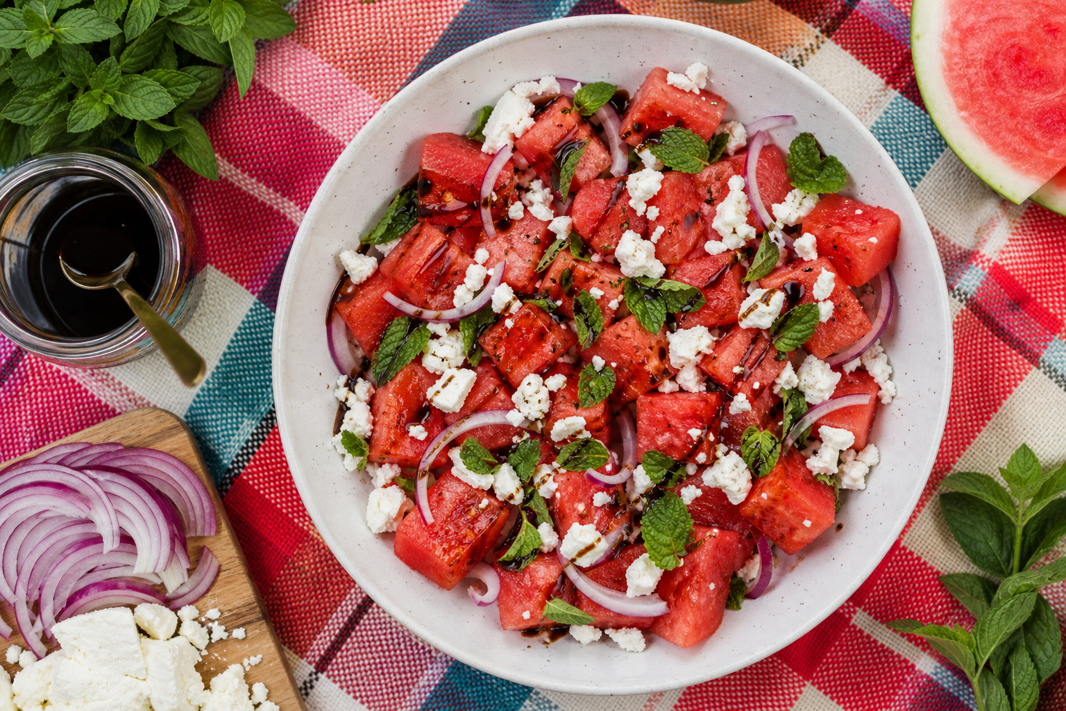 15 Outdoor Picnic Food Ideas 23 Watermelon feta salad with mint and balsamic glaze in a white bowl outdoors
