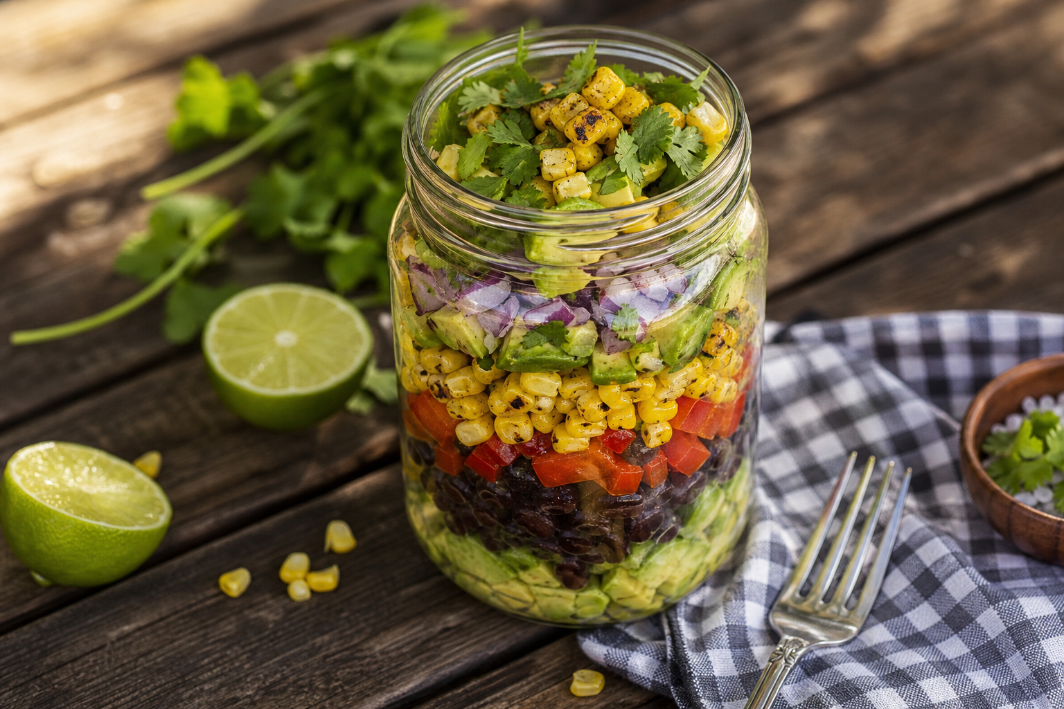 15 Outdoor Picnic Food Ideas 24 Layered grilled corn and black bean salad in a mason jar with avocado and cilantro