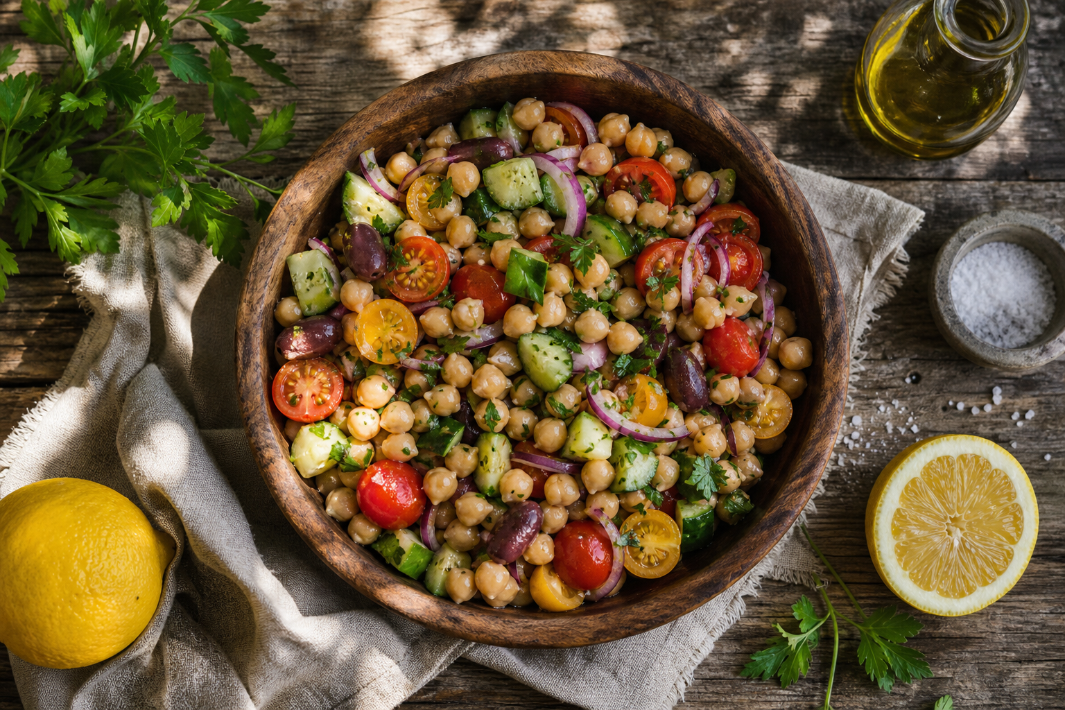 15 Outdoor Picnic Food Ideas 25 Mediterranean chickpea salad with tomatoes, olives, and cucumber in a wooden bowl