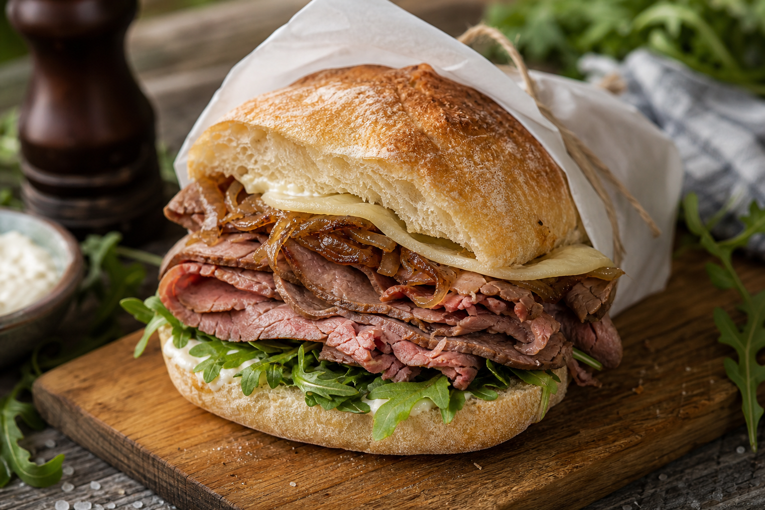 15 Outdoor Picnic Food Ideas 20 Roast beef ciabatta sandwich with provolone and arugula wrapped in parchment paper