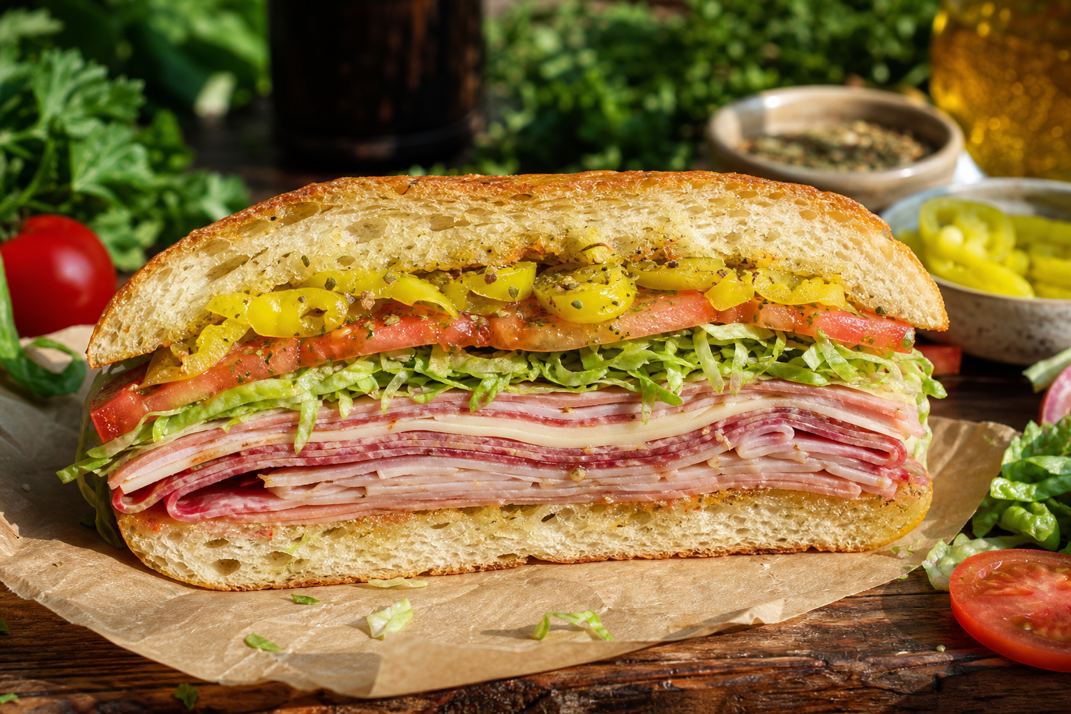 15 Outdoor Picnic Food Ideas 21 Cross-section of an Italian sub sandwich layered with meats, cheese, and vegetables