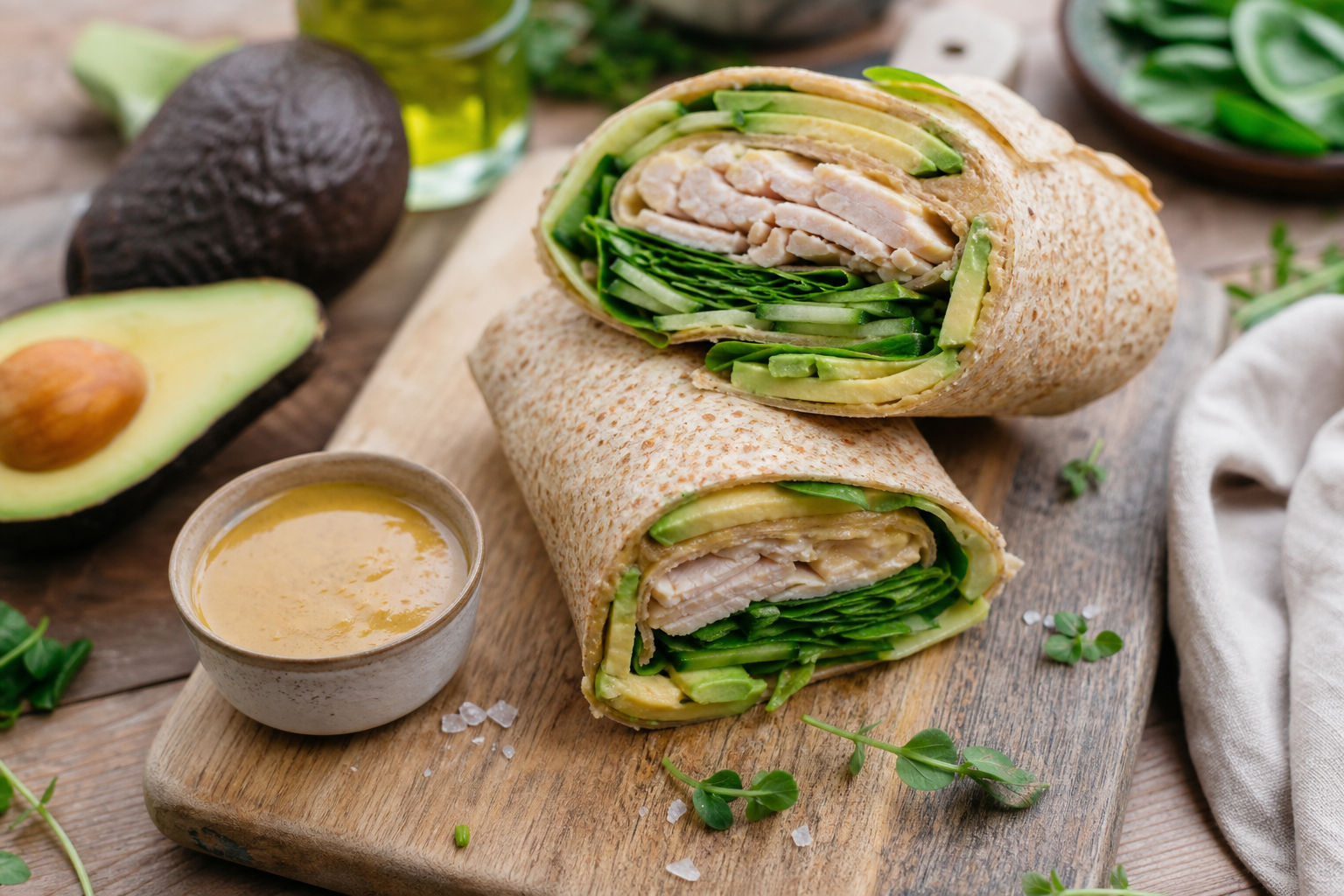 15 Outdoor Picnic Food Ideas 22 Sliced turkey and avocado whole grain wrap with hummus and vegetables on a wooden board