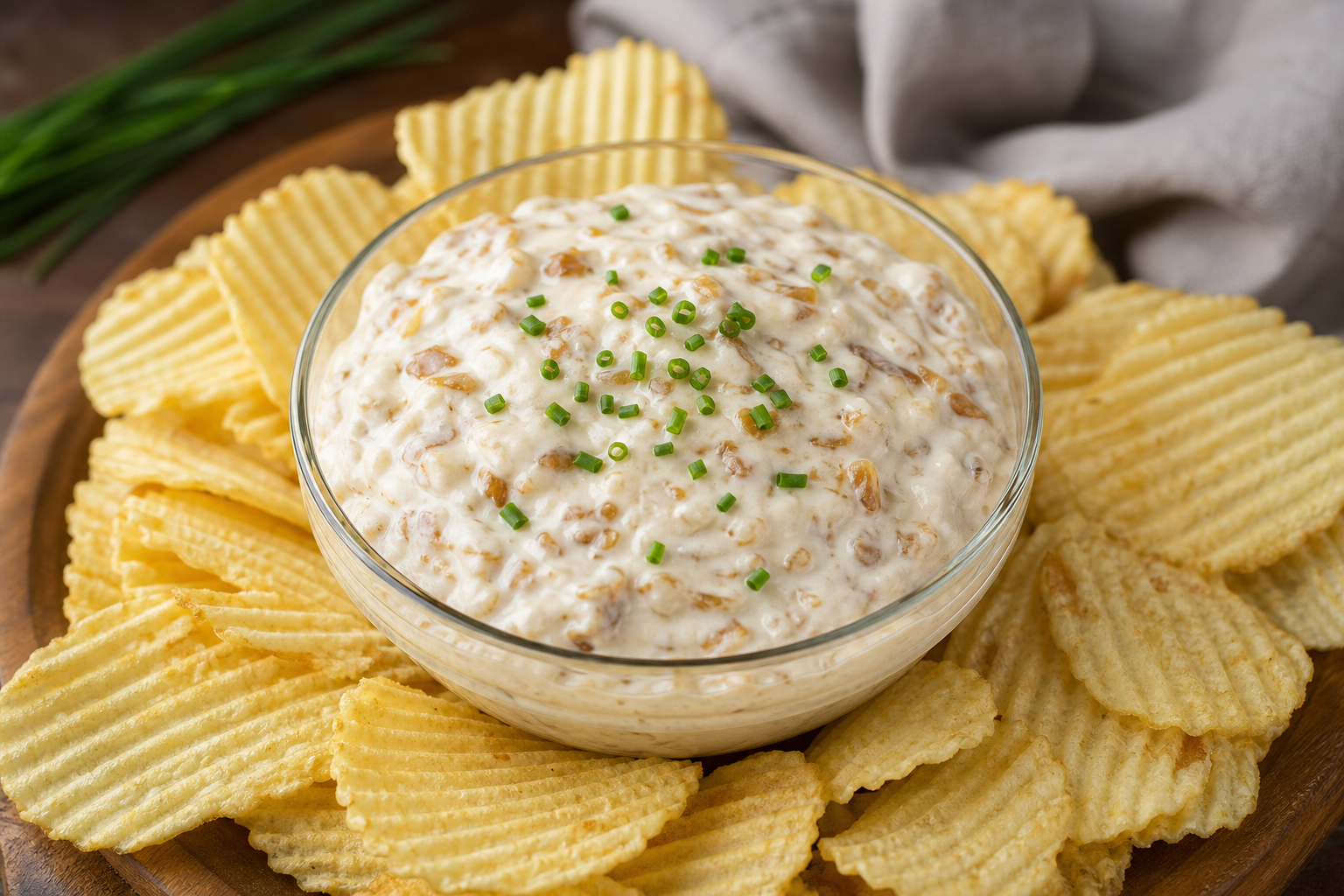 12 Party Dip Ideas Everyone Will Love 19 Creamy French onion dip with caramelized onion pieces and ripple potato chips