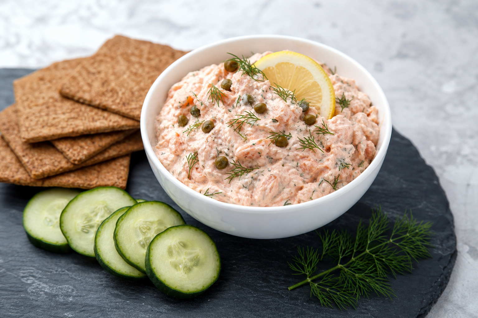12 Party Dip Ideas Everyone Will Love 20 Smoked salmon cream cheese dip with capers and dill on slate serving board
