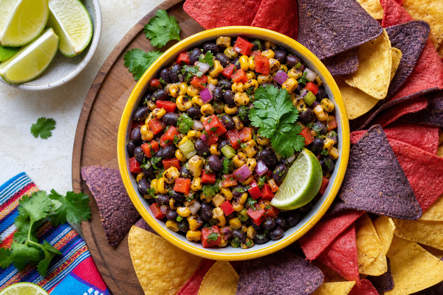 12 Party Dip Ideas Everyone Will Love 21 Colorful black bean and corn salsa dip in yellow bowl with multicolored chips