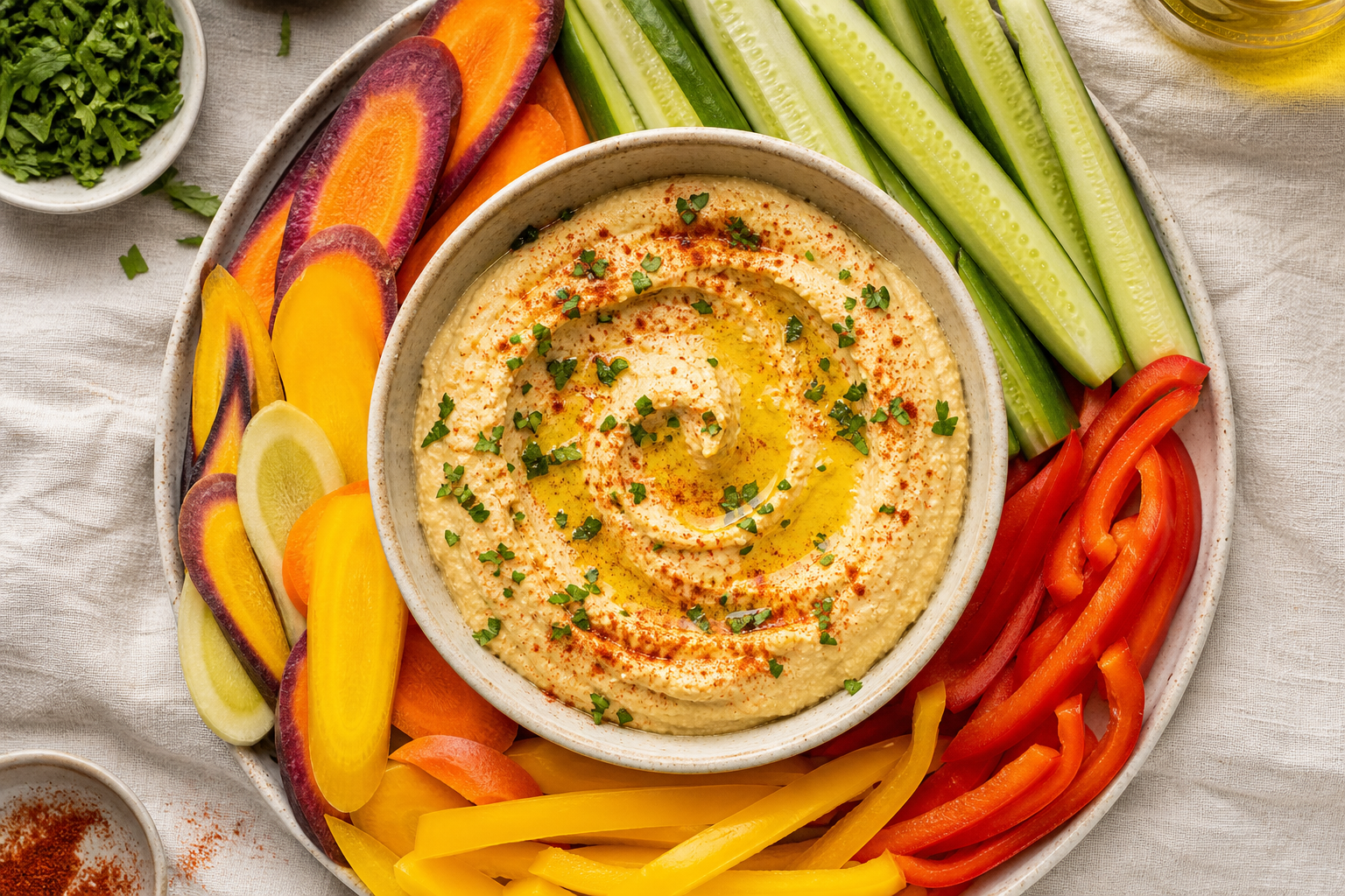 12 Party Dip Ideas Everyone Will Love 22 Smooth hummus with olive oil and paprika surrounded by colorful fresh vegetables