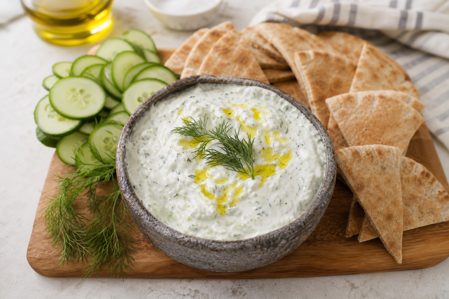 12 Party Dip Ideas Everyone Will Love 23 Thick Greek tzatziki with cucumber and dill in stone bowl with pita triangles