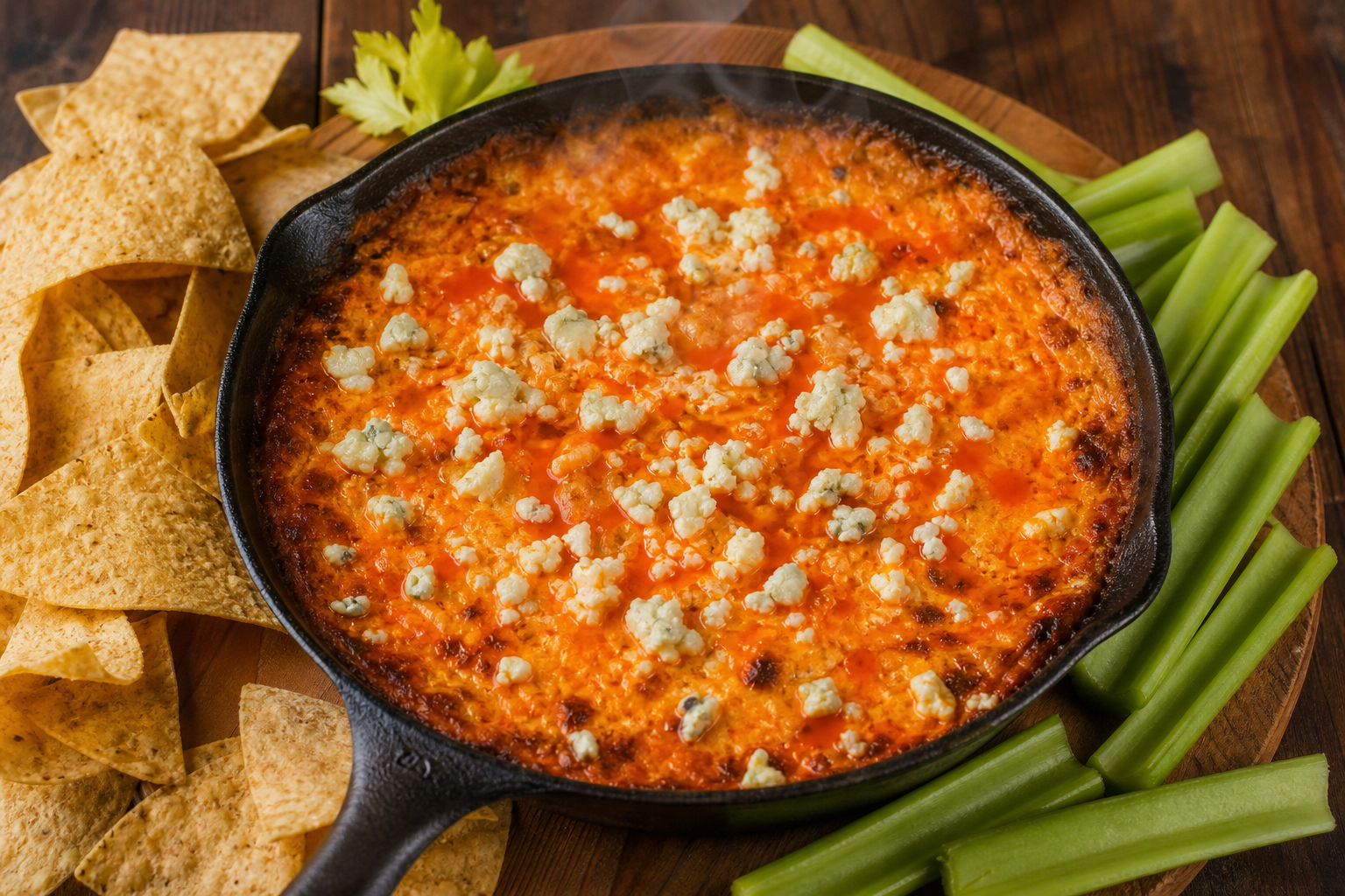 12 Party Dip Ideas Everyone Will Love 14 Bubbling buffalo chicken dip in cast iron skillet with celery sticks and chips
