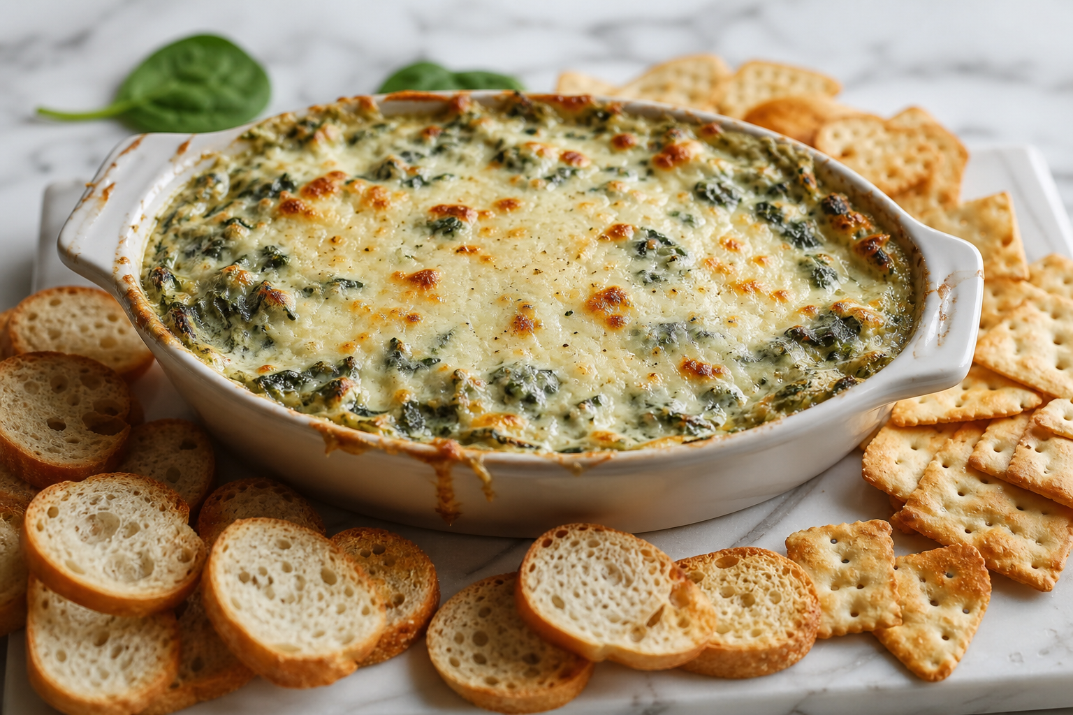 12 Party Dip Ideas Everyone Will Love 15 Creamy spinach artichoke dip baked in white ceramic dish with bread and crackers