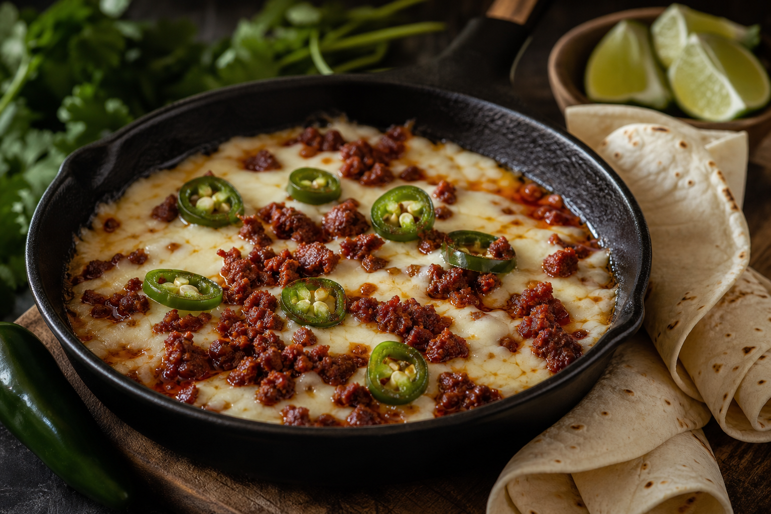 12 Party Dip Ideas Everyone Will Love 16 Queso fundido with chorizo and jalapeños in a dark skillet with warm tortillas