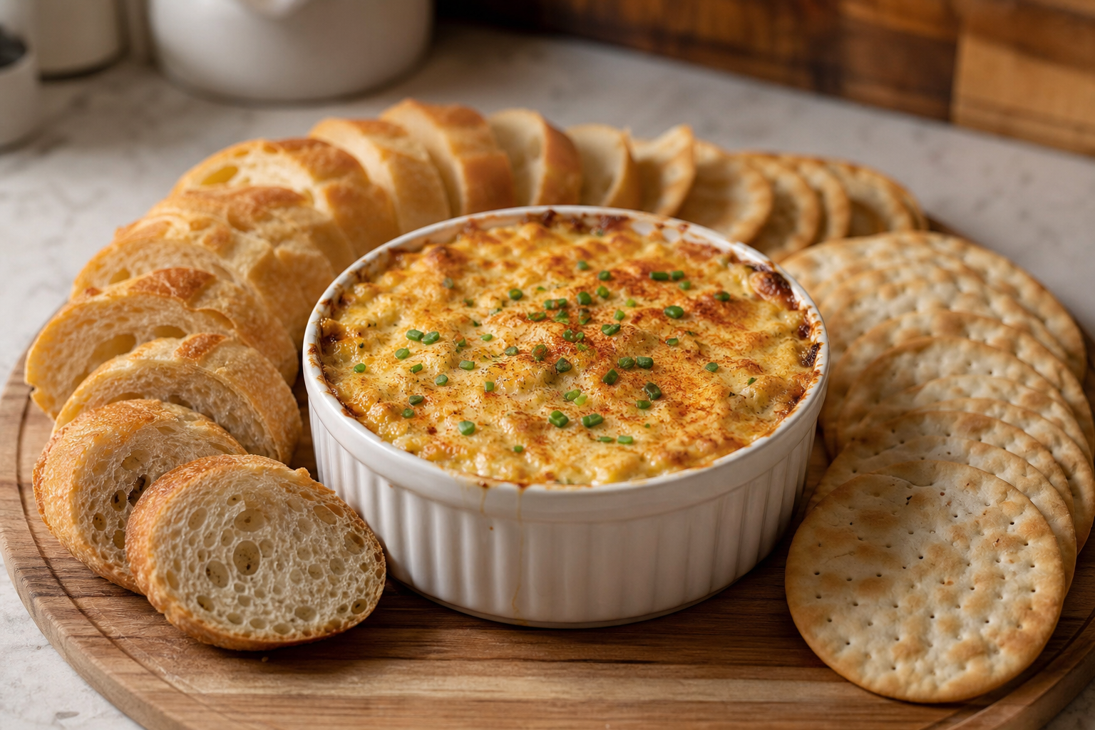 12 Party Dip Ideas Everyone Will Love 17 Bubbling hot crab dip in white ramekin with baguette slices and crackers