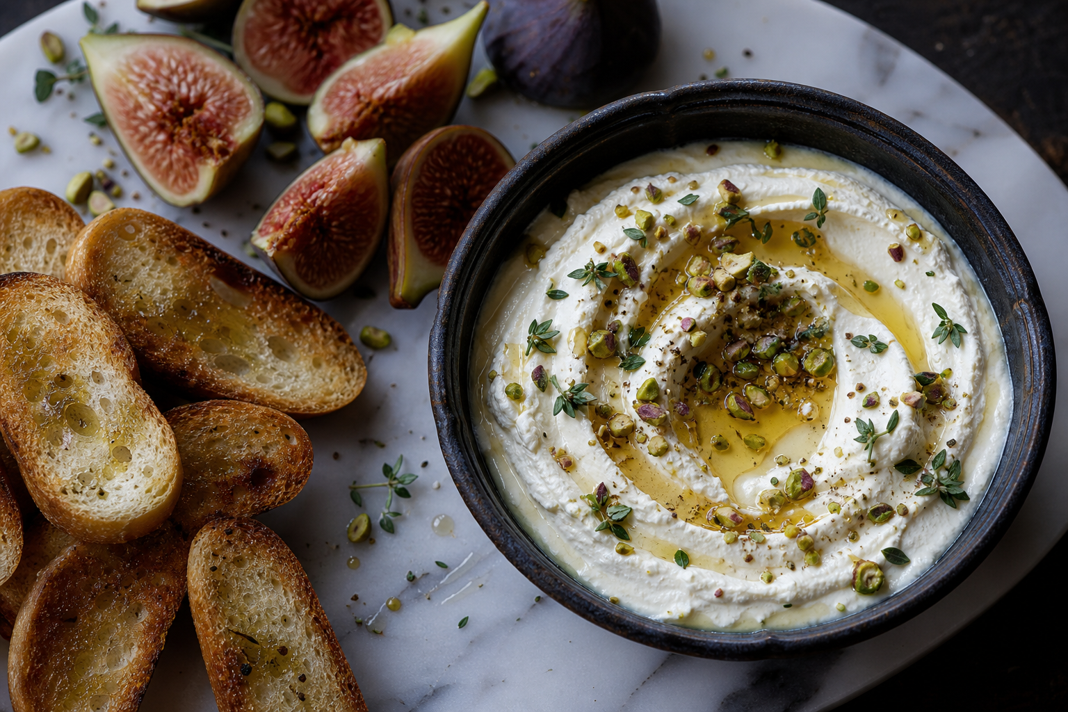12 Party Dip Ideas Everyone Will Love 24 Whipped feta dip with honey and pistachios on marble board with figs and crostini