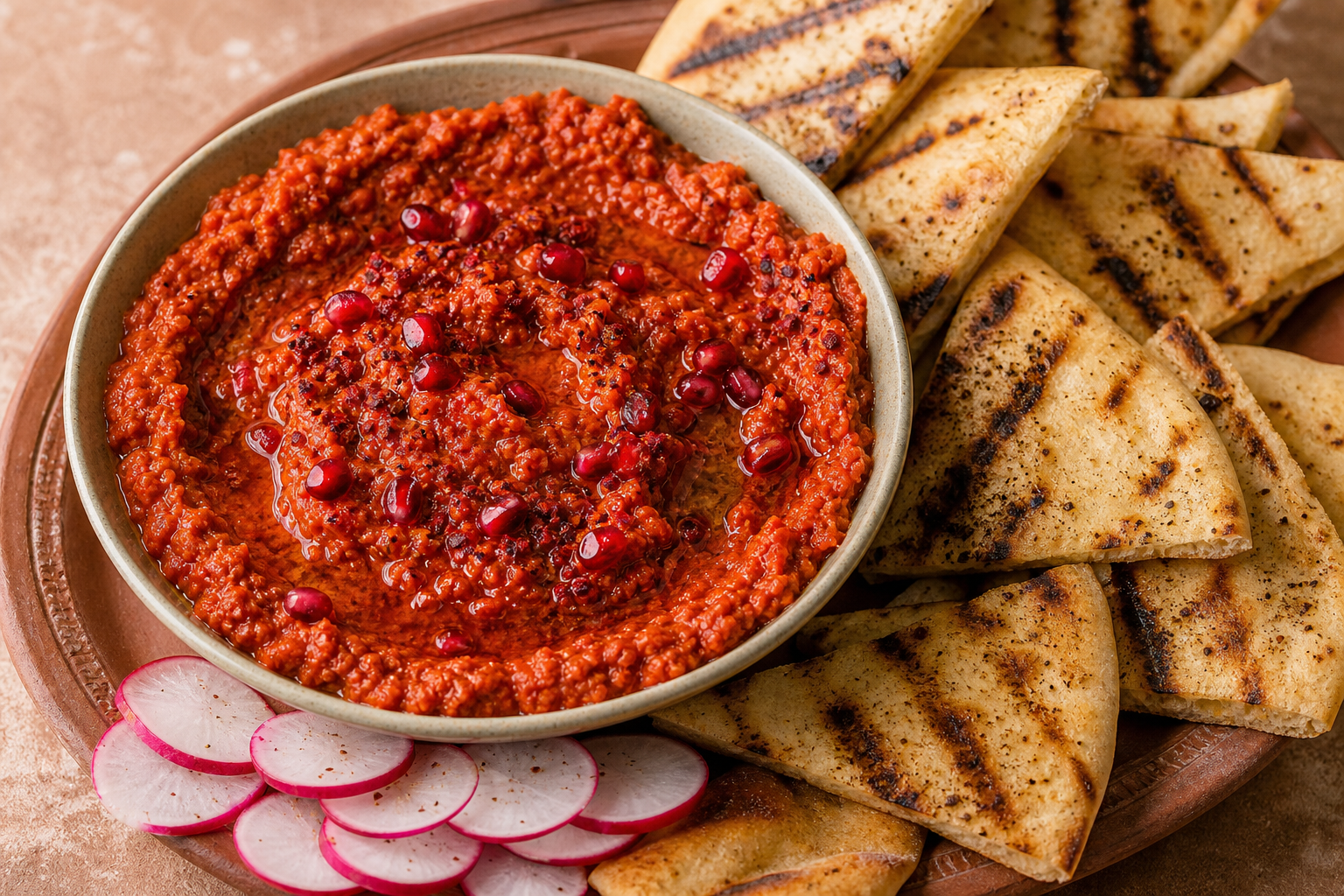 12 Party Dip Ideas Everyone Will Love 25 Deep red smoky muhammara with pomegranate seeds and grilled flatbread on terracotta plate