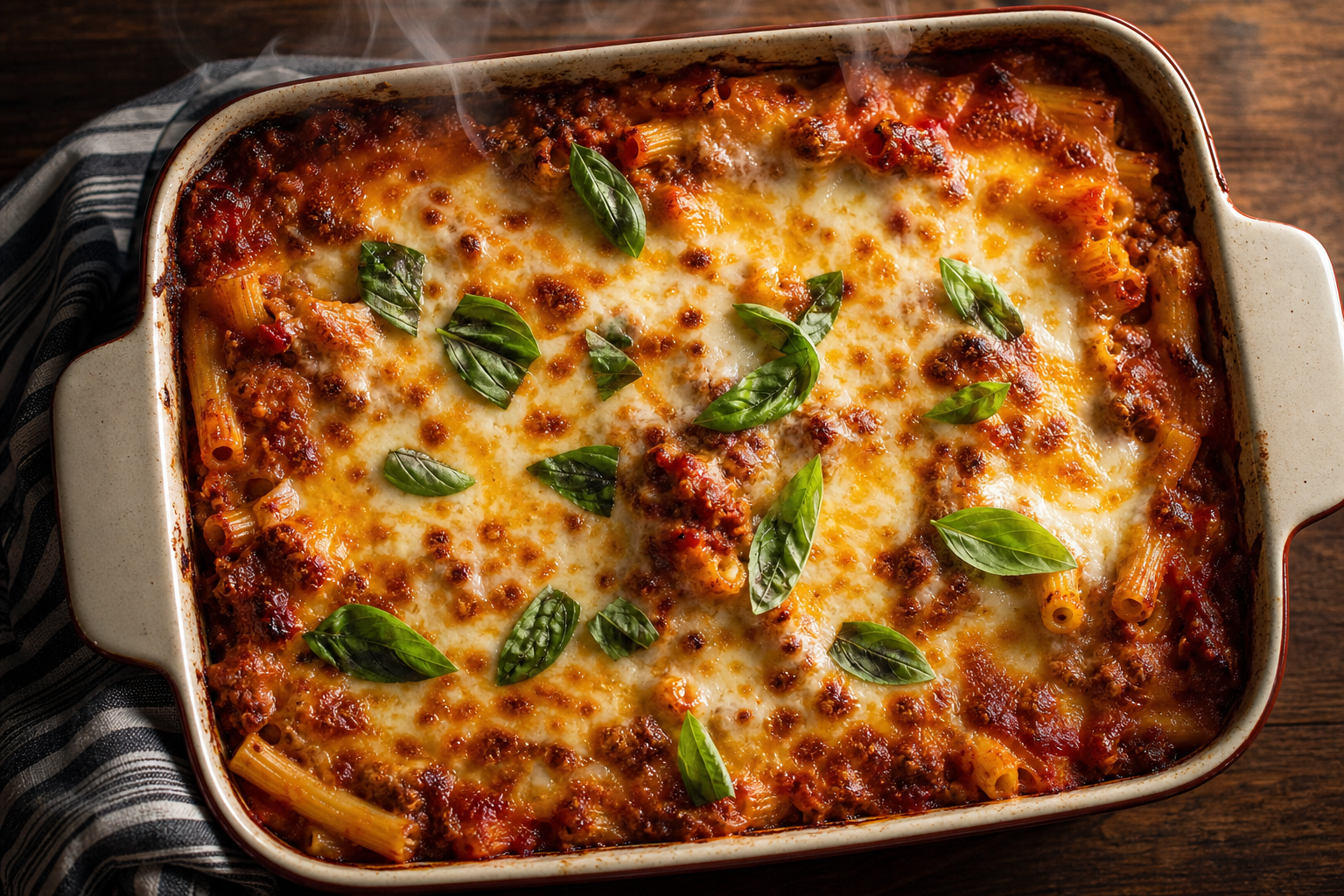 15 Pasta Dinner Ideas for Comfort Food Nights 20 Baked ziti in a deep dish with golden mozzarella crust, tomato meat sauce, and fresh basil