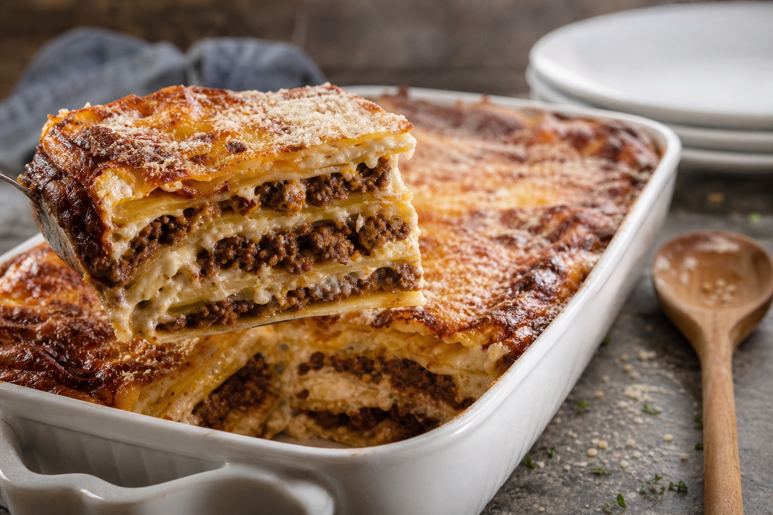 15 Pasta Dinner Ideas for Comfort Food Nights 21 Venison lasagna slice showing layers of game meat ragu, béchamel, and melted cheese in a ceramic dish