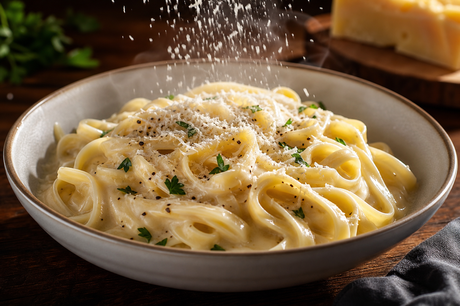 15 Pasta Dinner Ideas for Comfort Food Nights 17 Fettuccine Alfredo with thick cream sauce, Parmesan, and cracked black pepper in a wide bowl
