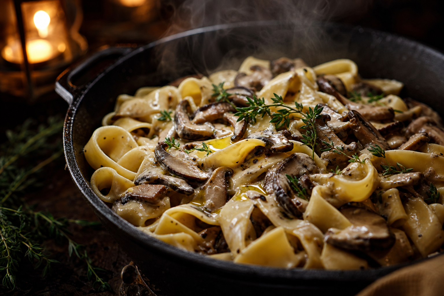 15 Pasta Dinner Ideas for Comfort Food Nights 18 Creamy mushroom pappardelle pasta in a cast iron skillet with thyme and truffle oil drizzle