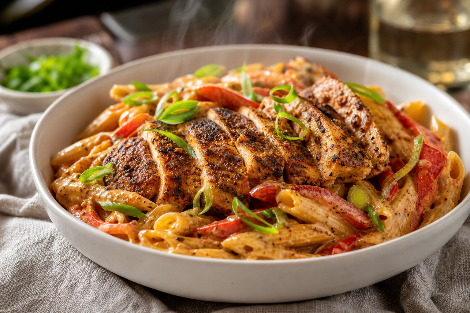15 Pasta Dinner Ideas for Comfort Food Nights 19 Creamy Cajun chicken pasta in a white bowl with blackened chicken and red bell peppers