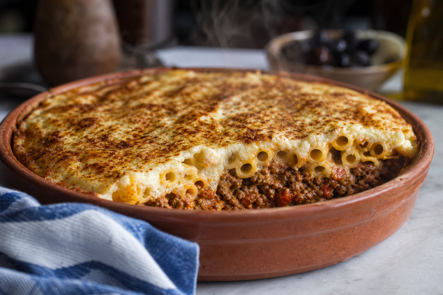 15 Pasta Dinner Ideas for Comfort Food Nights 29 Greek pastitsio in a clay dish with golden béchamel crust and spiced lamb tomato filling at the cut edge