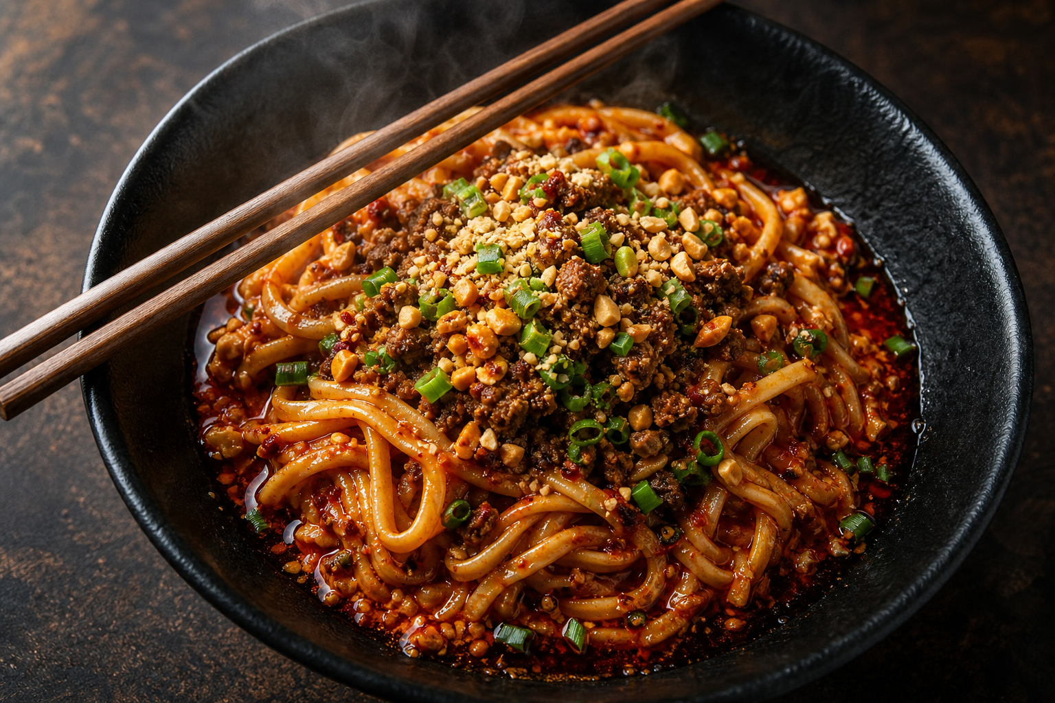 15 Pasta Dinner Ideas for Comfort Food Nights 30 Dan dan noodles in a black bowl with chili sesame sauce, ground pork, peanuts, and chili oil from above