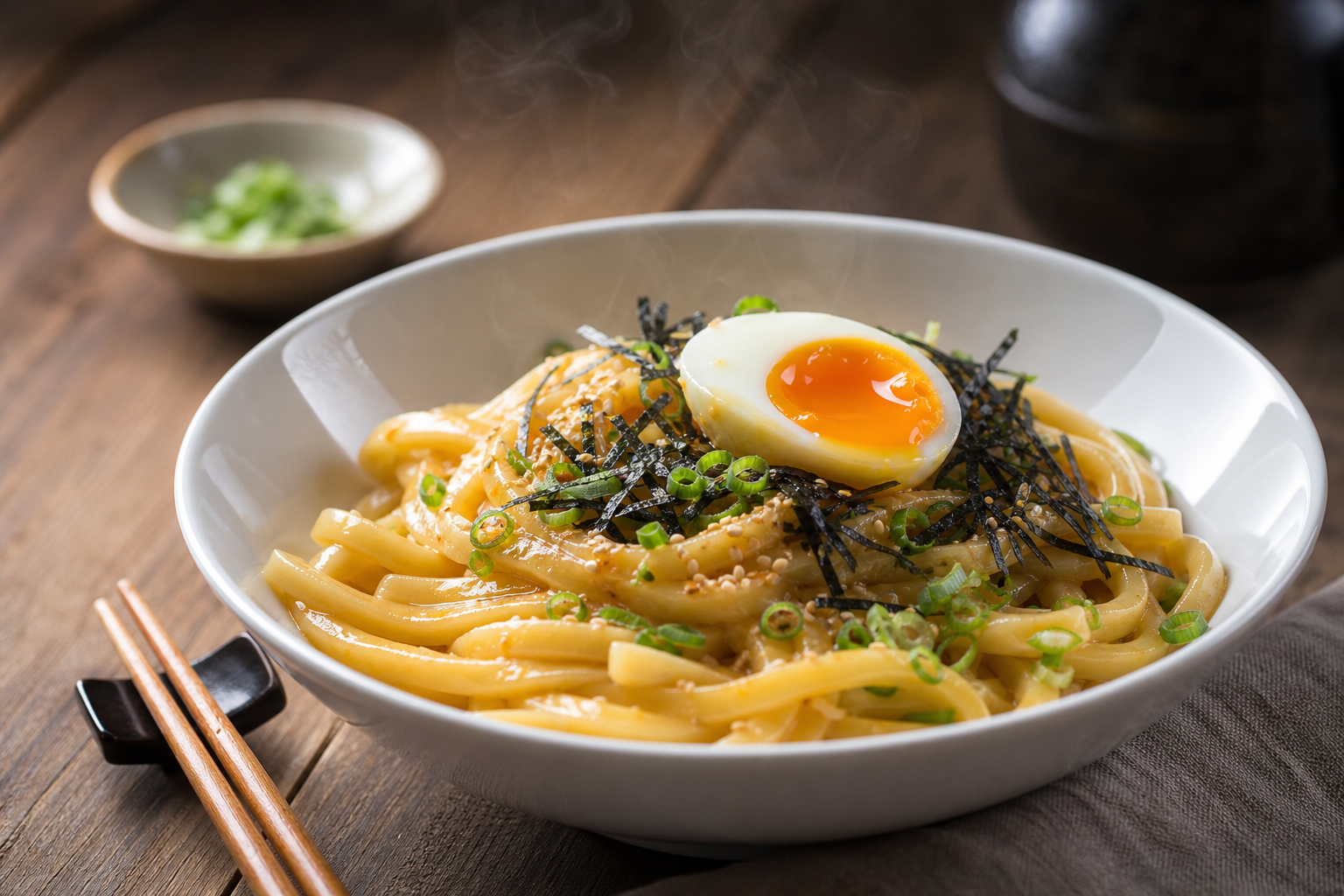 15 Pasta Dinner Ideas for Comfort Food Nights 31 Miso butter udon pasta in a white bowl with soft-boiled egg, nori, sesame seeds, and scallion