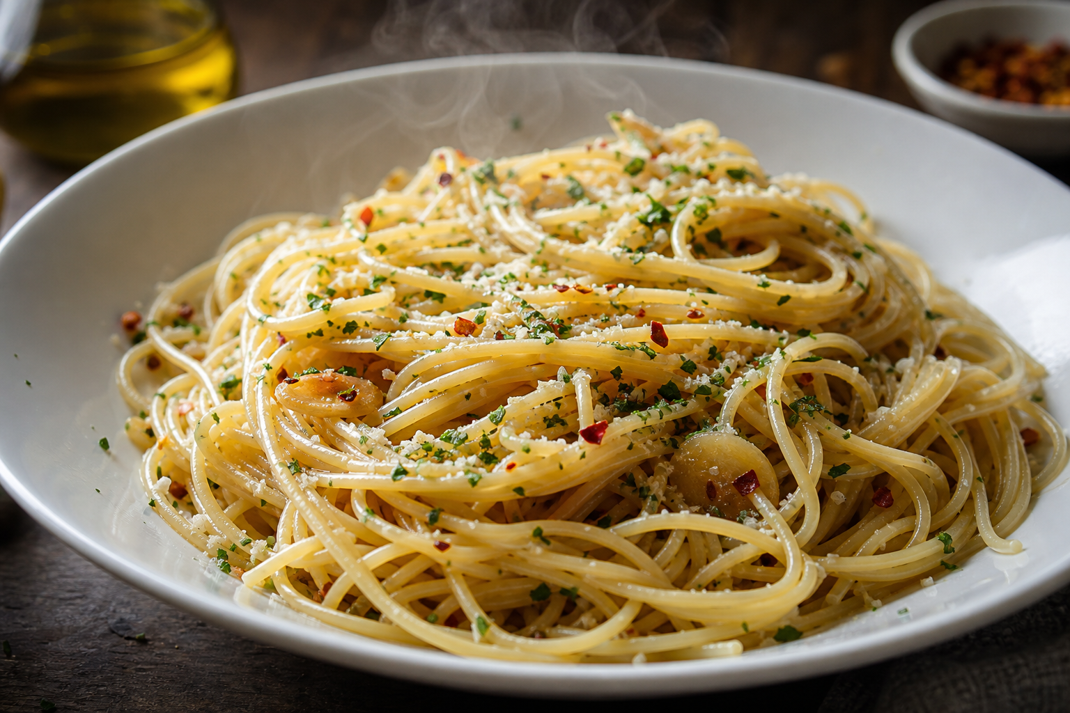 15 Pasta Dinner Ideas for Comfort Food Nights 26 Spaghetti aglio e olio in a white bowl glistening with olive oil, garlic, and red pepper flakes