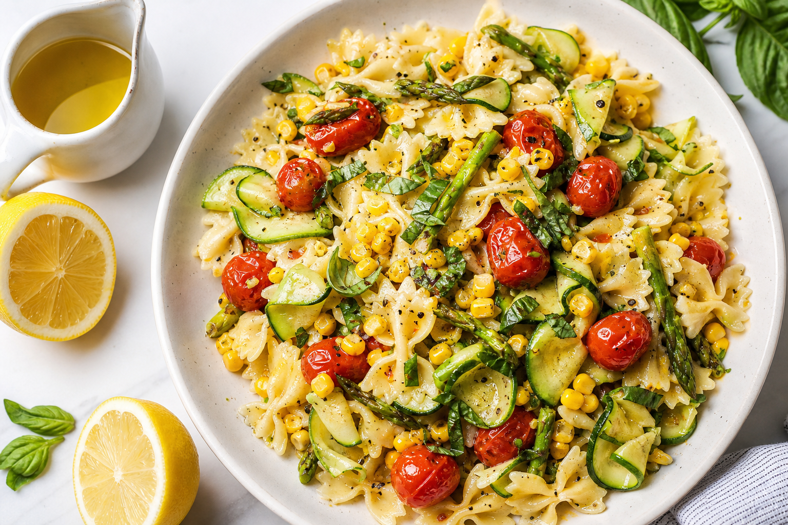 15 Pasta Dinner Ideas for Comfort Food Nights 27 Pasta primavera with farfalle, roasted cherry tomatoes, zucchini, asparagus, and fresh basil from above