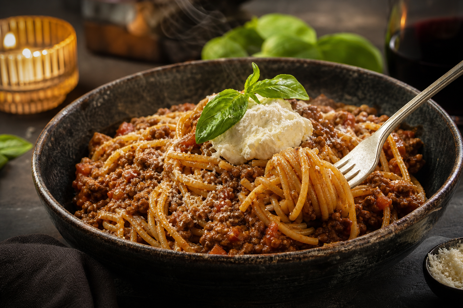 15 Pasta Dinner Ideas for Comfort Food Nights 23 Spaghetti Bolognese with slow-cooked beef and pork ragu, ricotta, and Parmesan in a rustic bowl