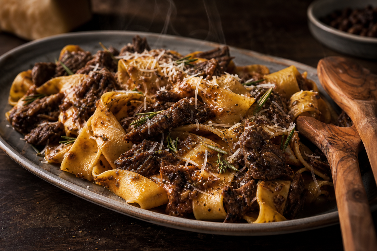 15 Pasta Dinner Ideas for Comfort Food Nights 25 Pappardelle with wild boar ragu on a serving platter with rosemary, sea salt, and Pecorino Romano