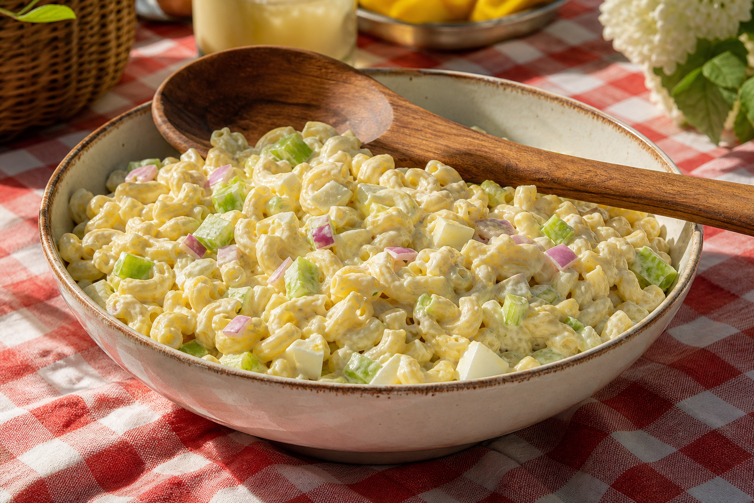 15 Pasta Salad Ideas for Summer Cookouts 17 Classic creamy macaroni pasta salad in a ceramic bowl on a picnic blanket
