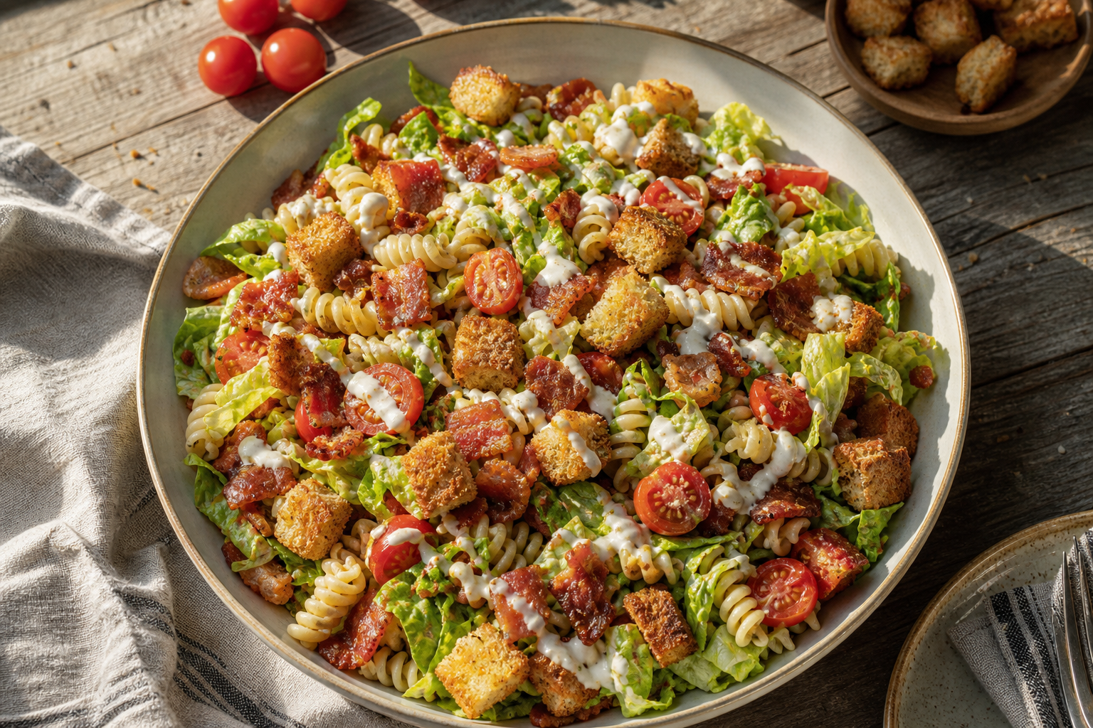 15 Pasta Salad Ideas for Summer Cookouts 18 BLT rotini pasta salad with bacon, tomatoes, and ranch dressing in a serving bowl