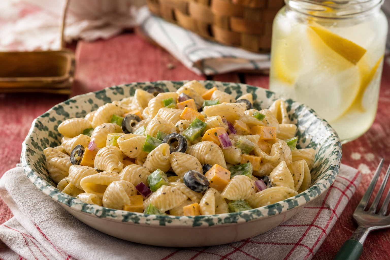 15 Pasta Salad Ideas for Summer Cookouts 19 Deli-style shell pasta salad with cheddar, olives, and Italian dressing at a picnic table