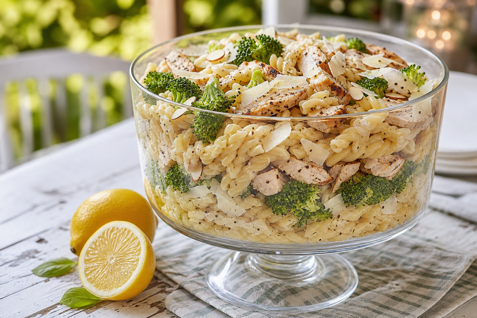 15 Pasta Salad Ideas for Summer Cookouts 31 Lemon pepper pasta salad with grilled chicken, broccoli, almonds, and Parmesan in a glass bowl