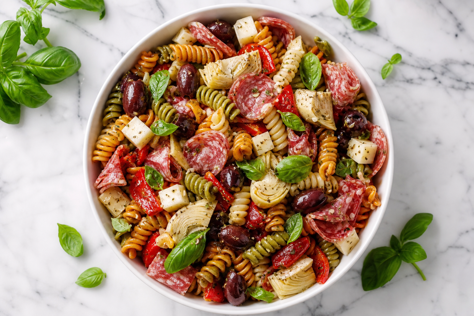 15 Pasta Salad Ideas for Summer Cookouts 20 Antipasto pasta salad with salami, provolone, artichokes, and olives in a white bowl