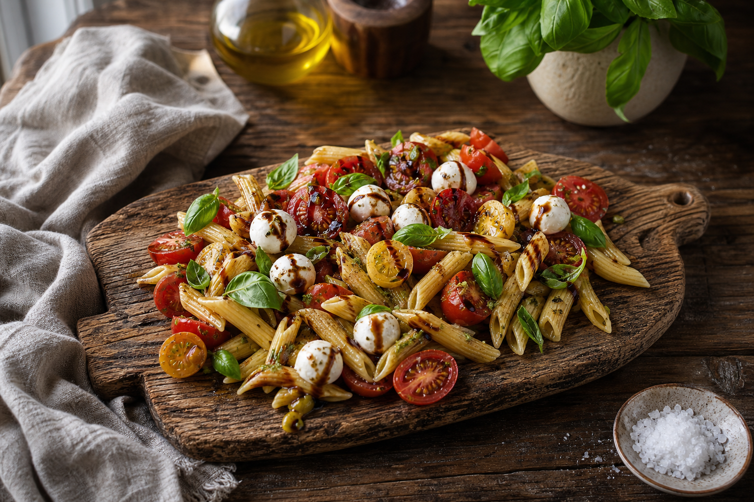 15 Pasta Salad Ideas for Summer Cookouts 21 Caprese penne pasta salad with mozzarella pearls, cherry tomatoes, and balsamic glaze