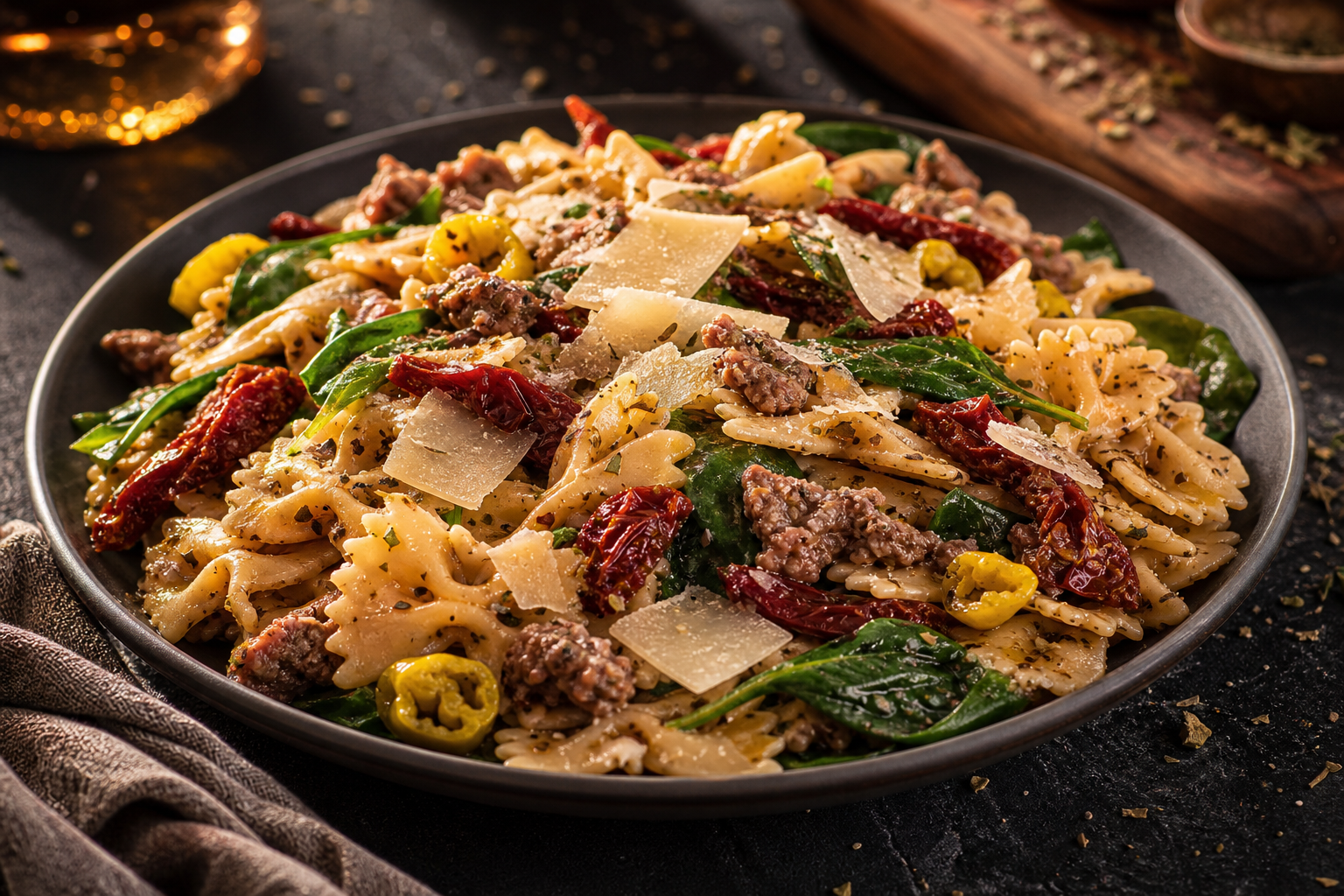 15 Pasta Salad Ideas for Summer Cookouts 22 Farfalle pasta salad with Italian sausage, spinach, sun-dried tomatoes, and Parmesan