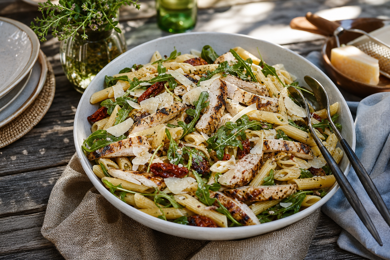 15 Pasta Salad Ideas for Summer Cookouts 23 Grilled chicken pasta salad with penne, arugula, sun-dried tomatoes, and Caesar dressing